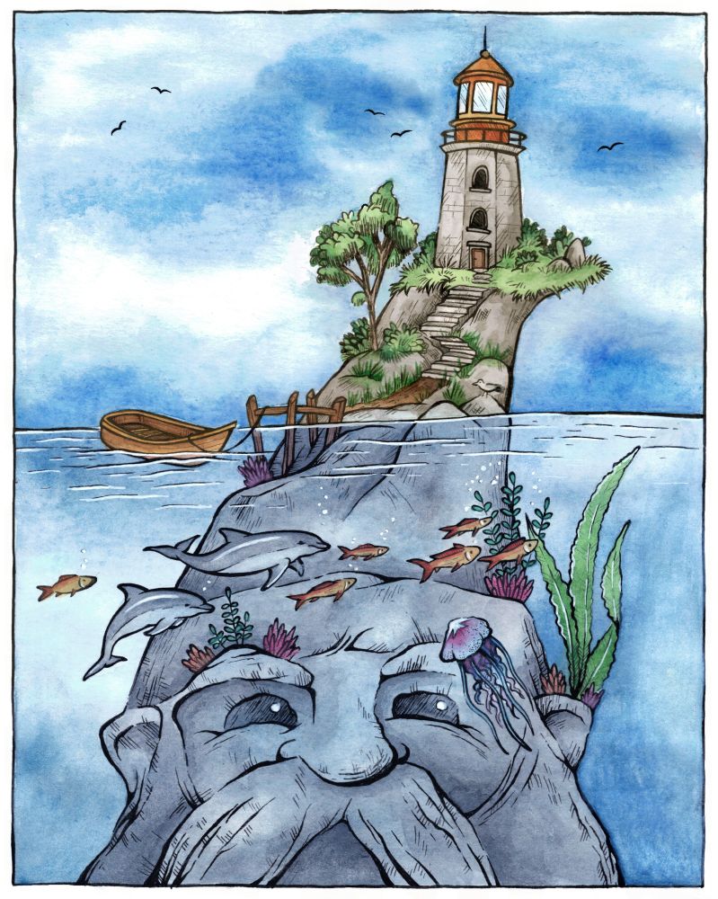 Dessin à l'encre et à l'aquarelle d'une île rocheuse sur laquelle se trouve un phare. L'ile se prolonge sous l'eau et le rocher forme le visage d'un gnome géant. La partie émergée de l'île est le bout de son bonnet. 