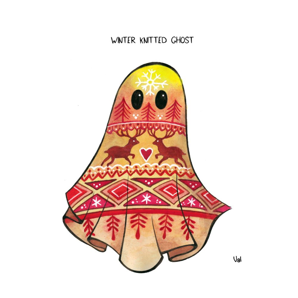Dessin, contour à l'encre, représentant un fantôme peint à l'aquarelle avec des motif géométriques comme sur les pulls en laine d'hiver. Titre : winter knitted ghost.  