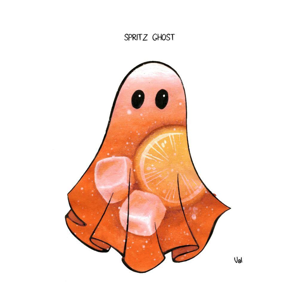 Dessin, contour à l'encre, représentant un fantôme orange peint à l'aquarelle avec une rondelle d'orange et des glaçons. Titre : spritz ghost.