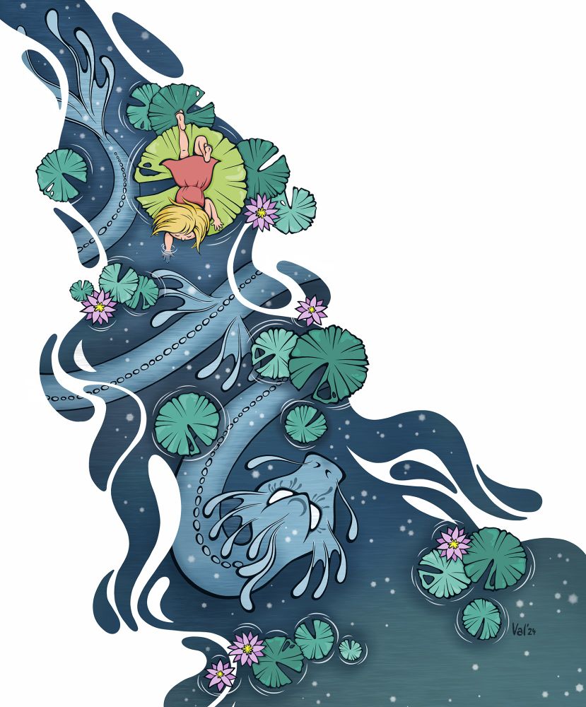 Dessin numérique d'une petite fille, allongée sur un nénuphar, la main dans l'eau. Sous la surface, un grand dragon serpentiforme. 