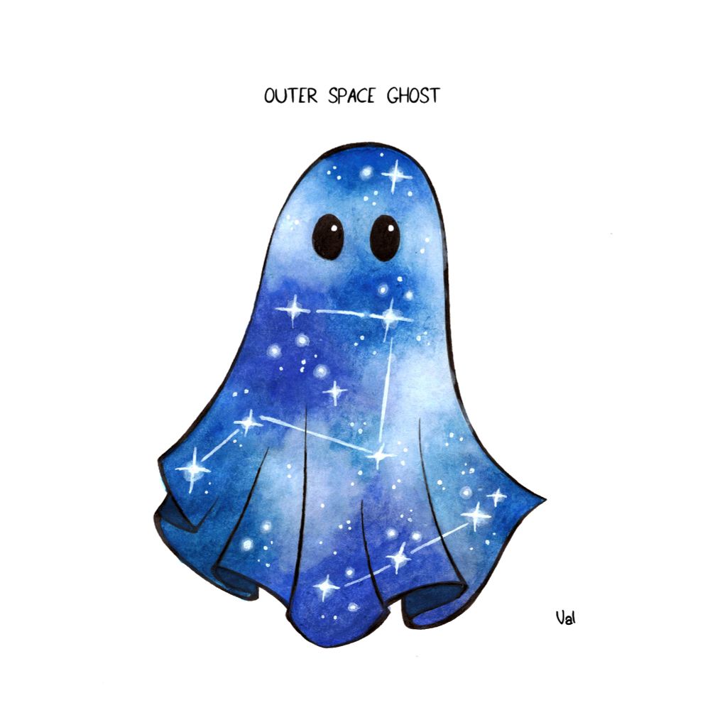 Dessin, contour à l'encre, représentant un fantôme peint à l'aquarelle comme un ciel étoilé. Titre : outer space ghost.