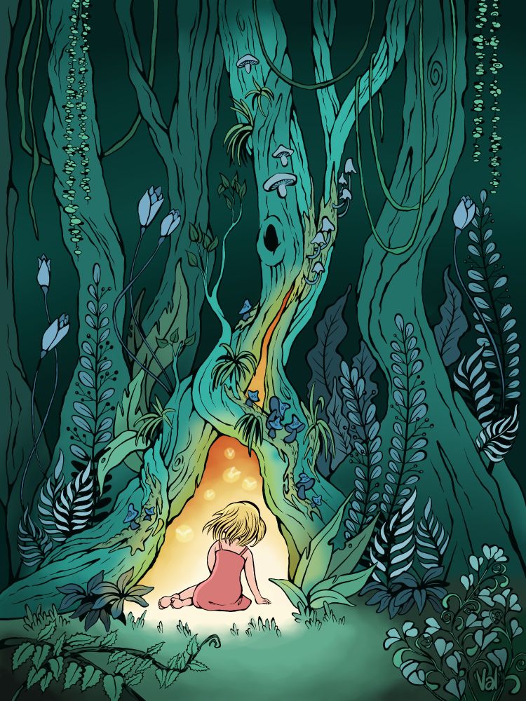 Dessin numérique d'une petite fille entourée de lucioles dans le tronc creux d'un arbre au milieu de la forêt. 