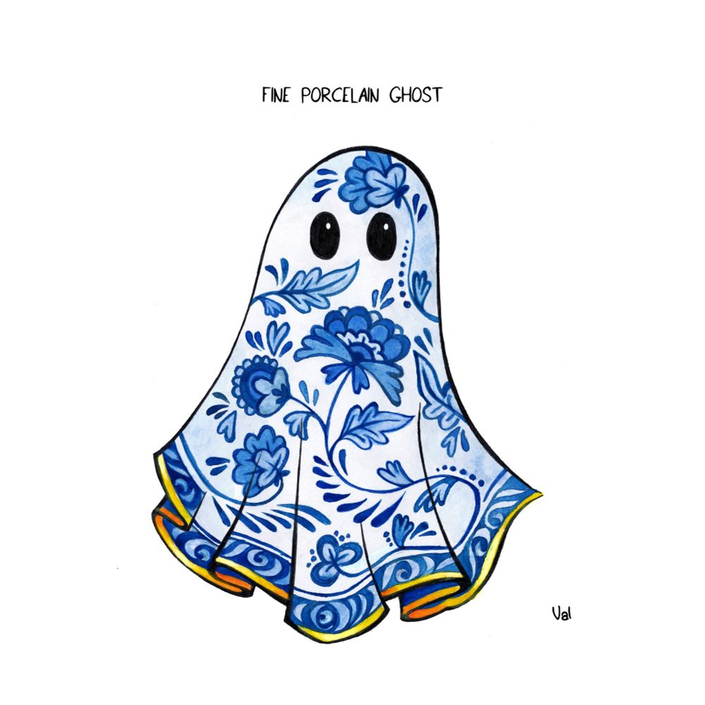 Dessin, contour à l'encre, représentant un fantôme peint à l'aquarelle avec des motif floraux à la manière d'une porcelaine bleue à bord doré. Titre : fine porcelain ghost.
