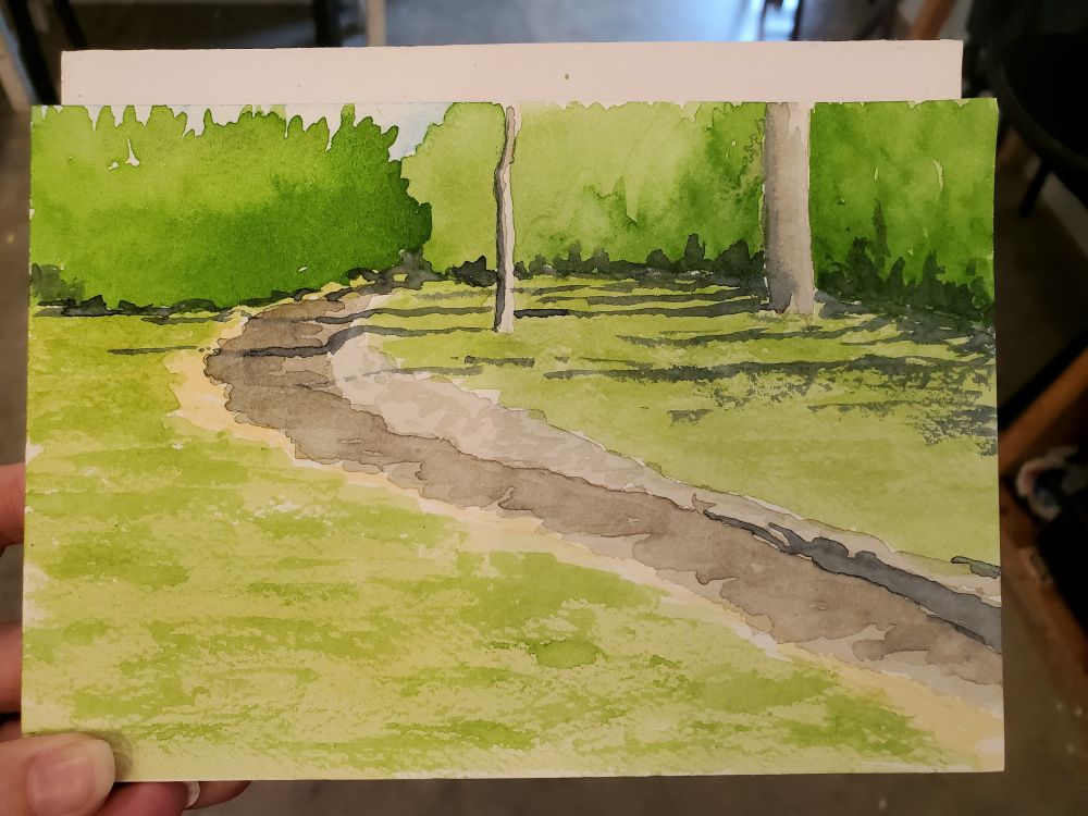 A loose watercolor painting of a shallow creek curving across a green meadow. Trees rise like a fence at the edge of the painting, and their shadows stretch across the grass and creek.