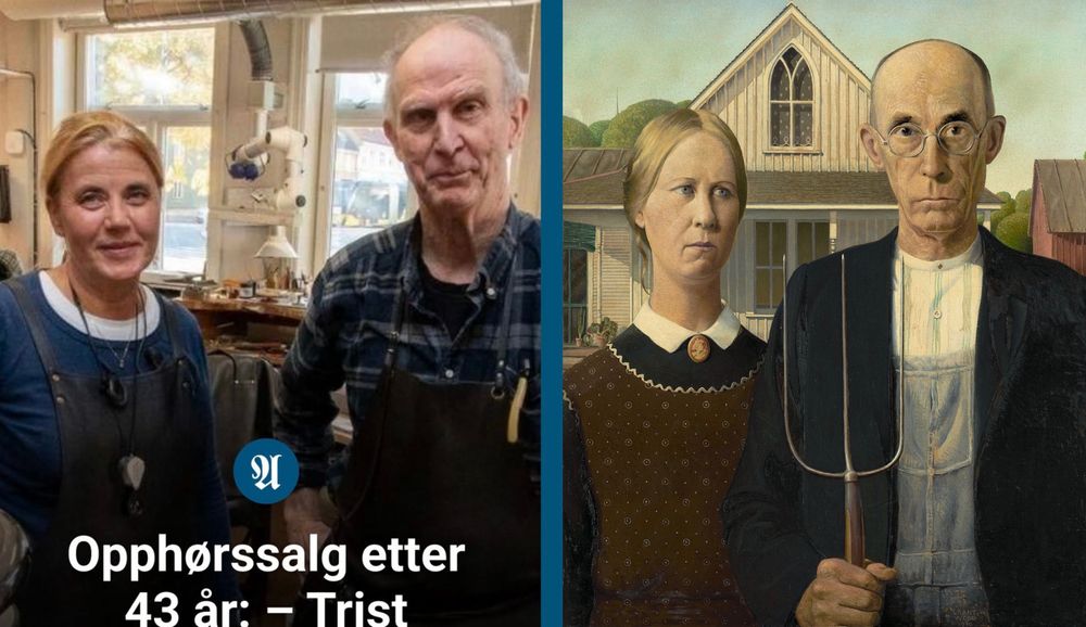 Til venstre skjermbilde av artikkel Adresseavisa delte på Facebook. Til høyre en faksimile av maleriet «American Gothic» av Grant Woods. 

Hovedmotivet i begge er to mennesker, en kvinne til venstre og en mann til høyre.

Kvinnene har visse likheter, stramt hår som er trukket bakover, mørke klær og en hvit hals. Ansiktene er ganske like, men kvinnen i artikkelen har er lite smil med en tydelig hake, mens kvinnen i maleriet har en litt tilbaketrukket hake, et bistert uttrykk og lang hals og smalere hode. 

Mennene er skallet på toppen av hodet og har hår over ørene og bak. Mannen i fotografiet har et nesten bistert uttrykk. Mannen i maleriet er sliten. 

Begge mennene har ganske smale ansikt. Ulik bekledning. Mannen i fotografiet har en mørk tømmerhoggerskjorte hvor rutene deles av røde linjer. Mannen i maleriet har en mørk jakke som er åpen i midten og man ser en hvit skjorte og grå bukser som har «magebeskyttelse» som går opp til brystet (vet ikke hva slike bukser heter)

Fotografiet er tatt innendørs i arbeidslokalene til det som kan se ut som et tannlegekontor, men de to som er avbildet har ikke uniform så usikker. 

Maleriet er satt utendørs med våningshus og en låve som så vidt synes i ytre høyre billedkant; dvs. arbeidsmiljøet til bøndene i bildet. 