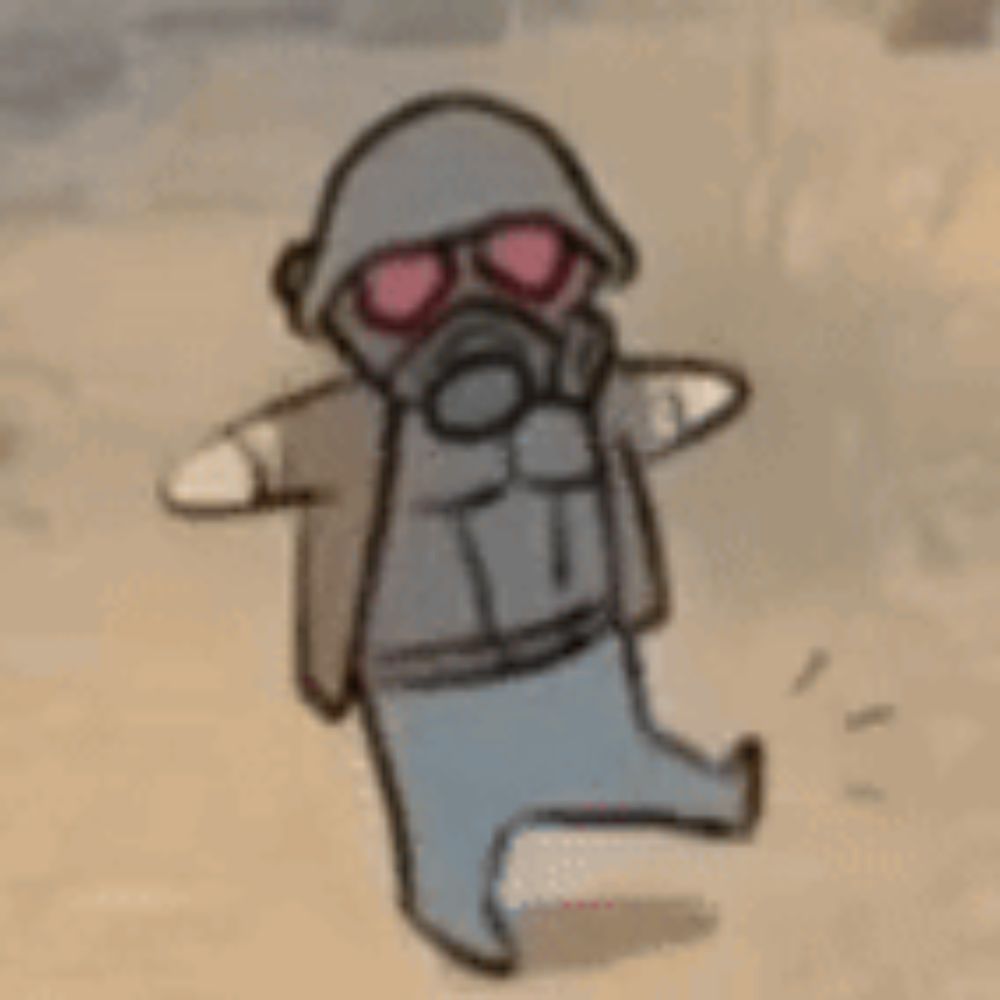 a cartoon of a man wearing a gas mask and sunglasses is running .