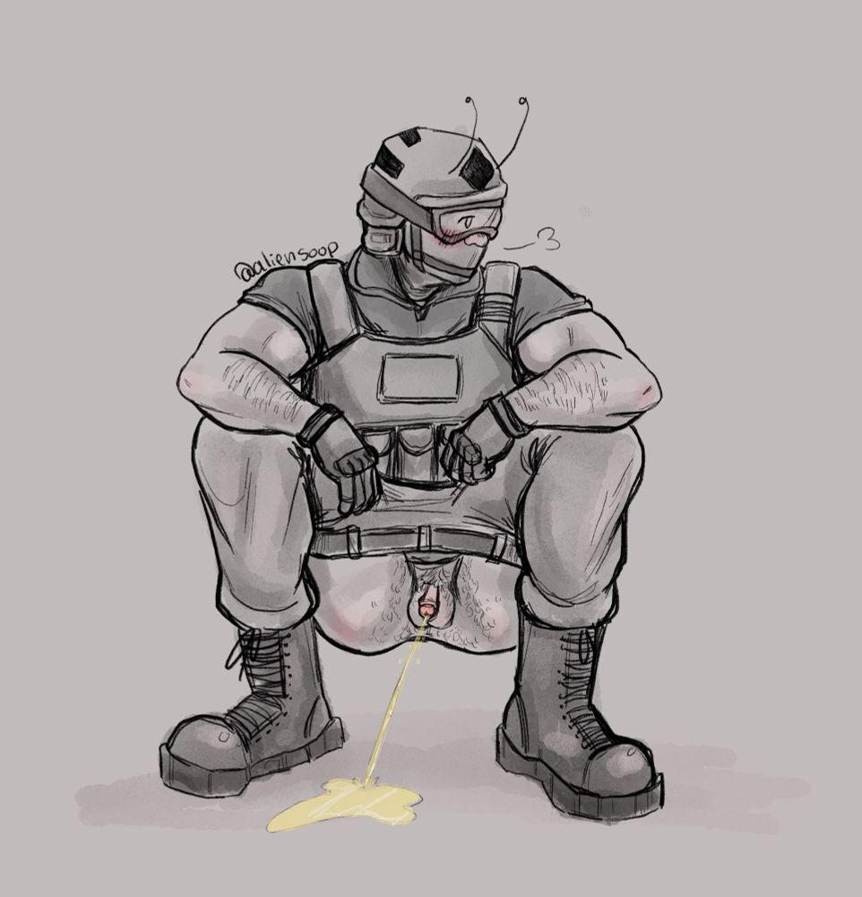 Roach squatting down to piss in tac gear with his meta dick 