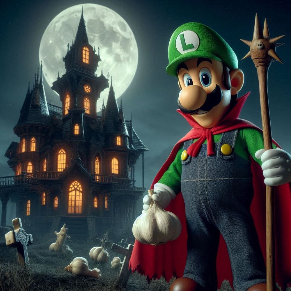 Luigi is wearing a red cape and holding a spiked staff and a garlic bulb. In the background is a large spooky mansion and a graveyard littered with garlic bulbs under a large full moon.