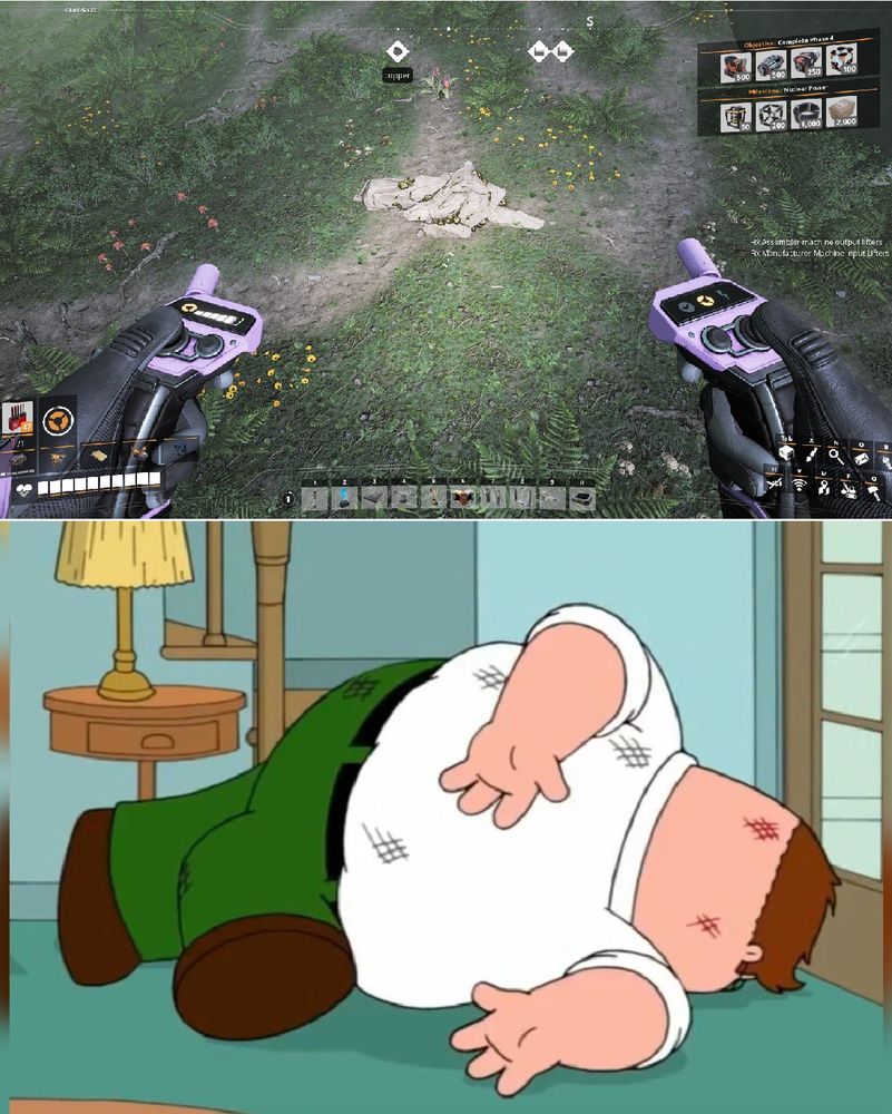 Image comparing the shape of a rock in the game Satisfactory to the shape of the family guy death pose.