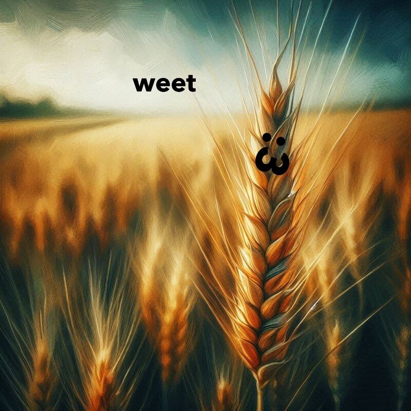 Close up of a stalk of wheat in a field of wheat. AI generated image.