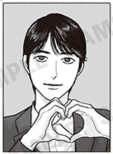 zoomed-in screenshot of hayashi miyoshi from captivated by you, putting his hands together in a heart shape while smiling