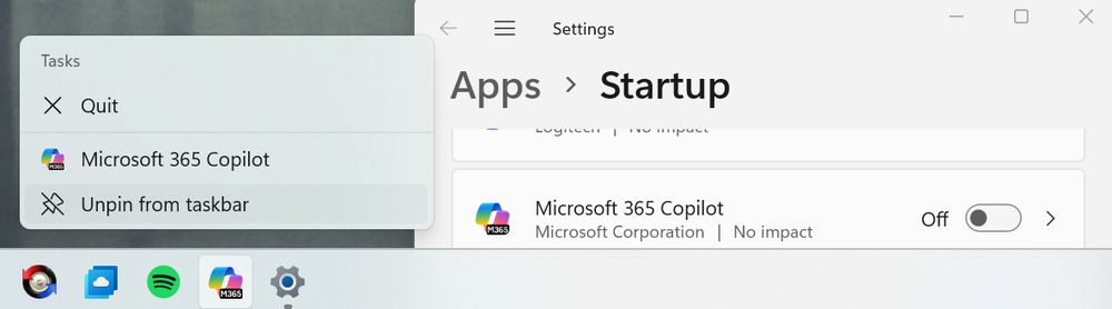 Screenshot showing Microsoft 365 Copilot pinned to Windows 11 taskbar, offering option to unpin from task bar. Next to that, settings app is open to Apps > Startup page and Microsoft 365 Copilot is turned off.