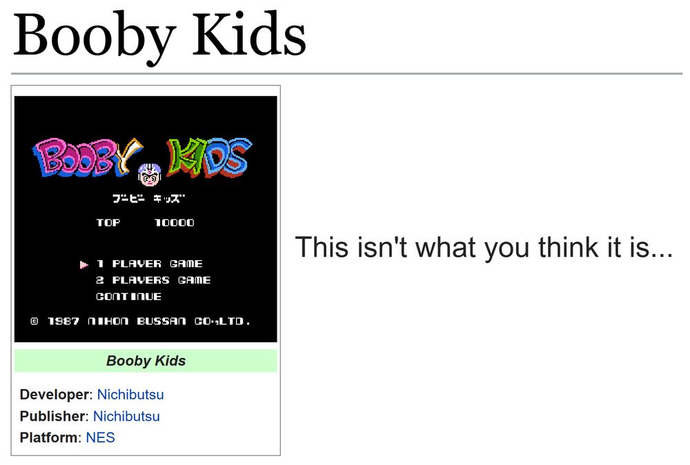 (Showing the tcrf.net page for Booby Kids.)
(Developer: Nichibutsu; Publisher: Nichibutsu; Platform: NES)

"This isn't what you think it is..."