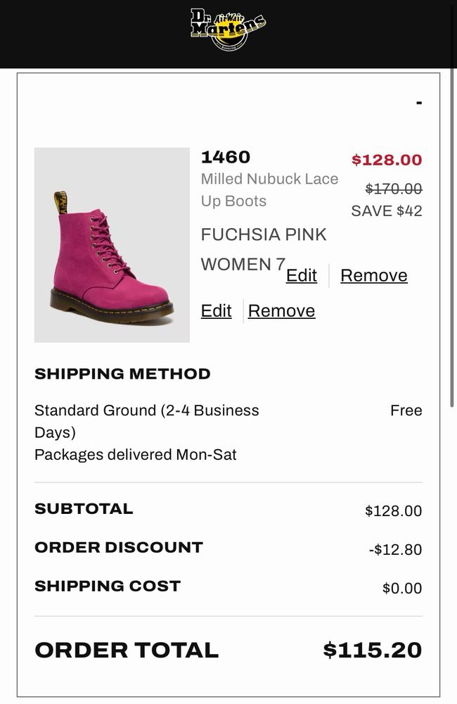 Screenshot of fuschia pink Dr. Marten’s leather boots on sale for $115 