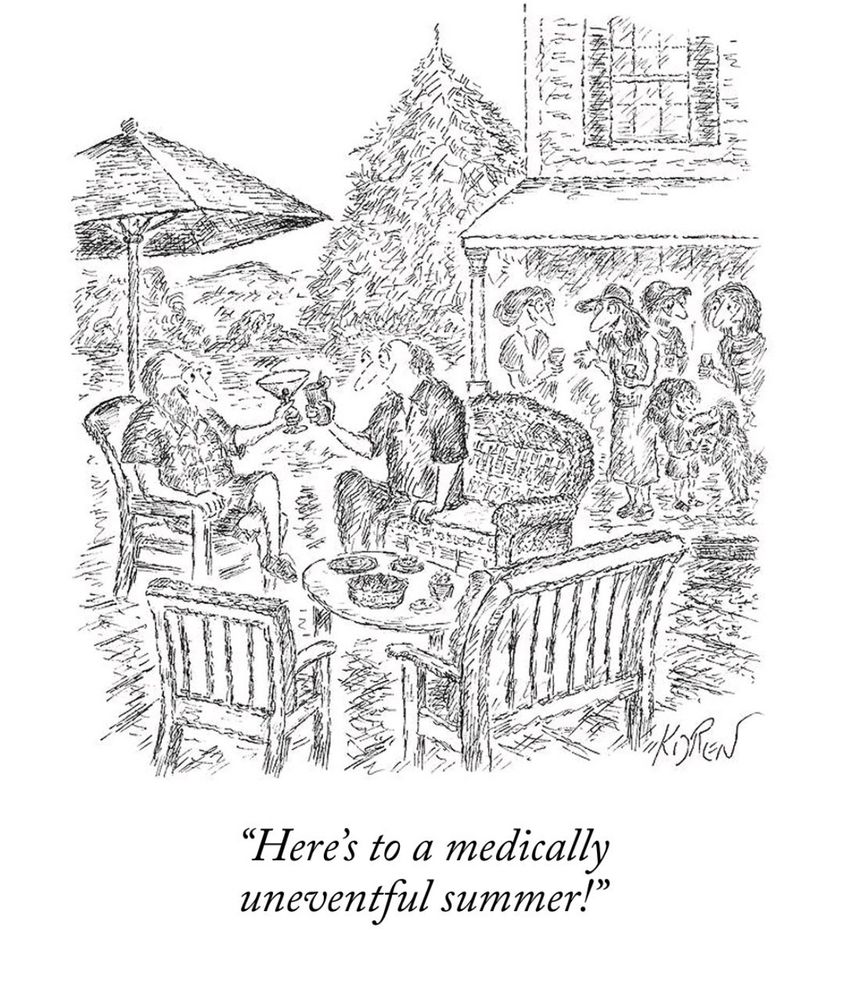 A cartoon with the caption “Here’s to a medically uneventful summer!”