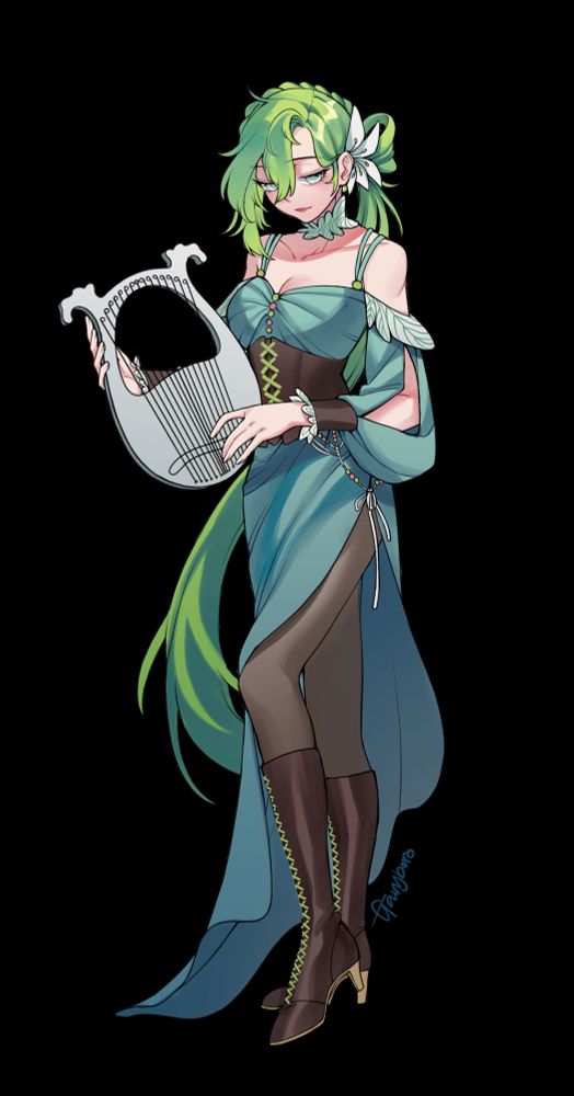 My OC in SKYxCROSSING, she has long green hair that’s tied into a big braid and a long tail, pale skin. She has a white lily on her head. She’s blind so her eyes are white. She wears a feminine teal dress with a leather corset, dark tights and a pair of brown leather boots. She’s carrying a white harp as she’s a wandering bard. 