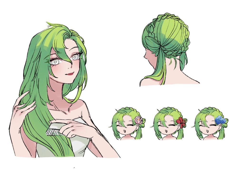 A color sketch of my OC Saoirse combing her hair, which a side pic showing the back of her head and three small pics showing the different flowers she puts on her hair: a peony, a hibicus and blue roses. 