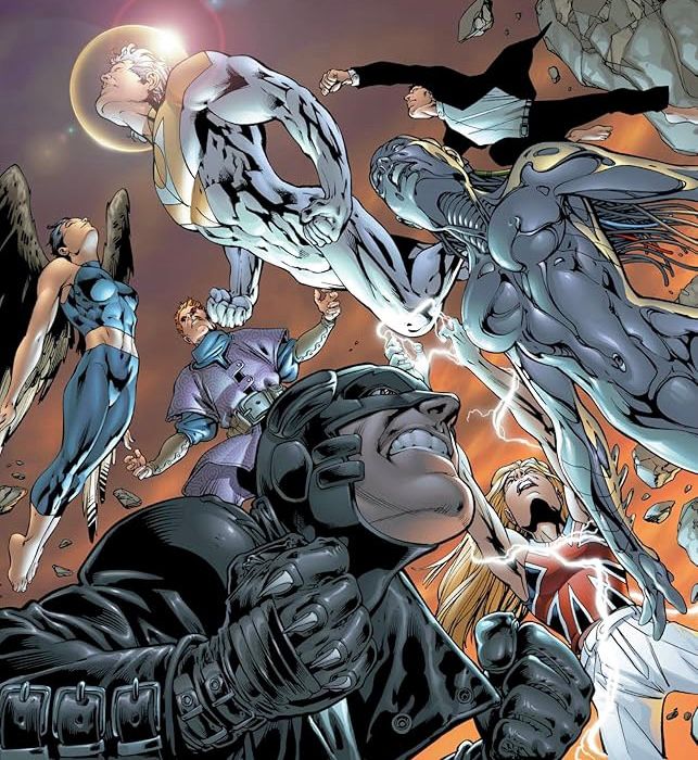 The Authority grimacing up at the sky, as rendered by Bryan Hitch, Paul Neary, and Laura Martin