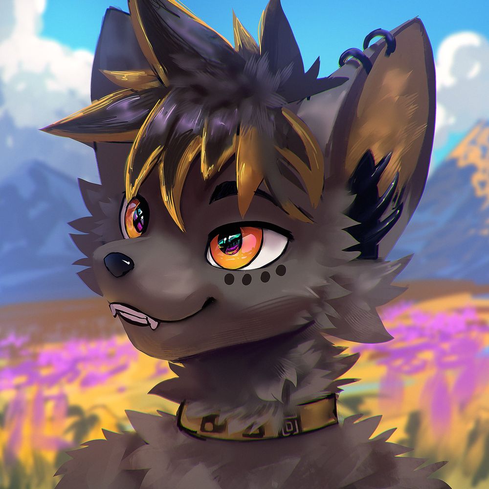 furry anthro icon painted headshot commission black hair golden tips blue sky flower feild shiney eyes cute 