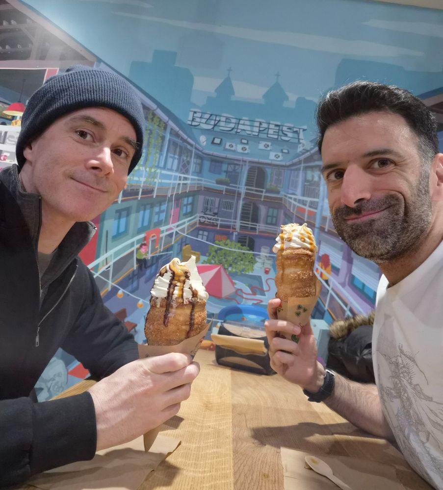 Selfie of Andrew and me enjoying ice cream chimneys.