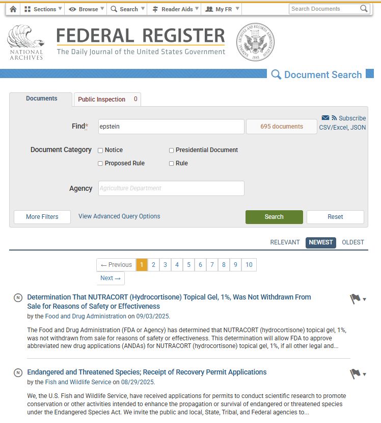 Showing search results missing "epstein" from the Federal Register in November 2025