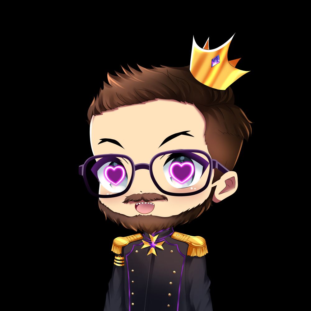Chibi artwork of the PNG Tuber Streamer Kaiser Donovin. Donovin is wearing a charcoal Uhlan uniform with purple piping, a golden shoulder band, golden epaulettes with tassels, along with a golden crown that has a purple gem and a gold medal that is cross shaped with a purple star in its centre. Donovin has grey eyes that have purple glowing hearts in their center behind a pair of glasses that have a purple gradient from the top of the frames that fades to black. His medium length beard, moustache, and hair are all a medium brown color. His eyebrows are pointed yet friendly and are a darker color, nearly black than his hair. His skin is fair with rosey blushes on his cheeks. He has teeth that are very pointy and resemble a sharks. 