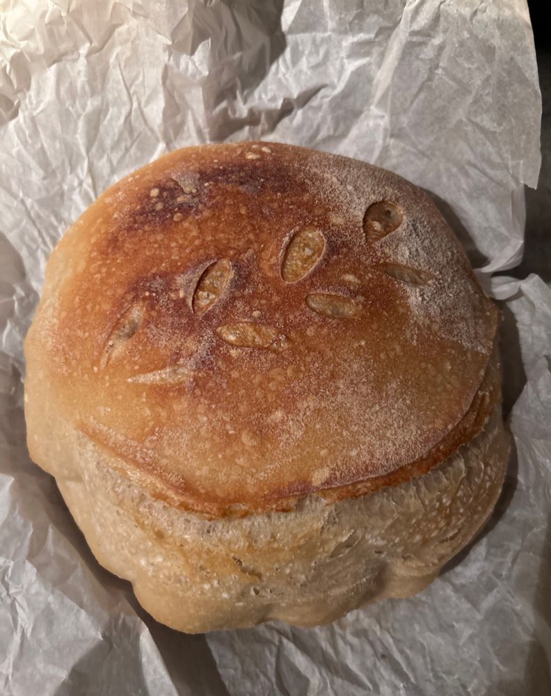 Baked round loaf of sourdough bread on parchment paper 
