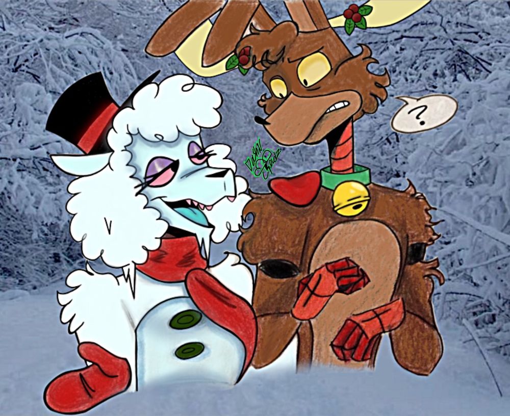 Two characters, an anthropomorphic sheep and bunny, with color schemes that look like a reindeer and a snowman. Sha the sheep has black top hat with a red scarf and red gloves, with dark green buttons on her chest. Bon the bunny has brown fur, with yellow deer antlers and a green collar with a yellow bell. They make eye contact and Sha has her hand on Bon's shoulder. They are outside in a winter forest.