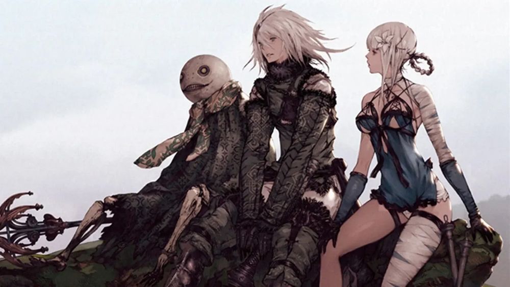 NieR Replicant Keyart - Emile, Protagonist and Kainé are sitting next to each other