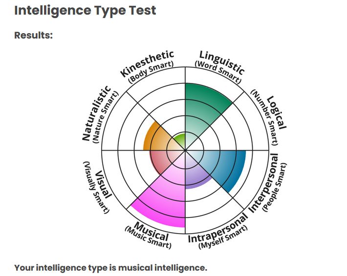 A screen of an intelligence type test

We can see various types of intelligence, I exceed in Musical one