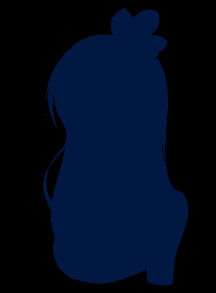 Une silhouette bleue foncée féminine. On y voit un papillon posée sur le sommet de la tête, et de longues mèches de cheveux