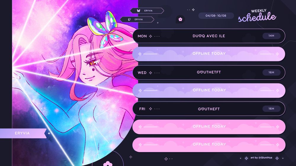Planning hebdo de Eryvia

Lundi 14h DuoQ avec Ileqziah
Mercredi & Vendredi 16h > Gouthétft

On y voit une artwork de mon OC, une dame aux cheveux rouges / rosés dont le corps reflète une galaxie, qui tieent une étoile dans sa main avec les rayons qui illumine tout autour. Ses cheveux volent derrière elle, et une broche en forme de papillon ornemente le côté. Les couleurs sont dans tes tons bleus roses et violets.