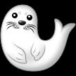 Samsung's seal emoji. A white baby seal with big black eyes, a large black nose and whiskers with its fins posed politely in front, and its tail flipping upwards to the side. Its head is at a slight tilt.