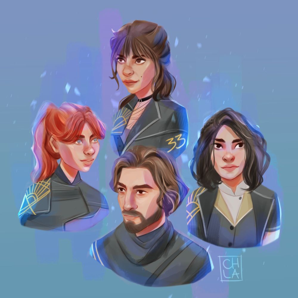 A stylized fan art of 4 characters from the video game Clair Obscur: Expedition 33: Sciel, Lune, Maelle and Gustave.