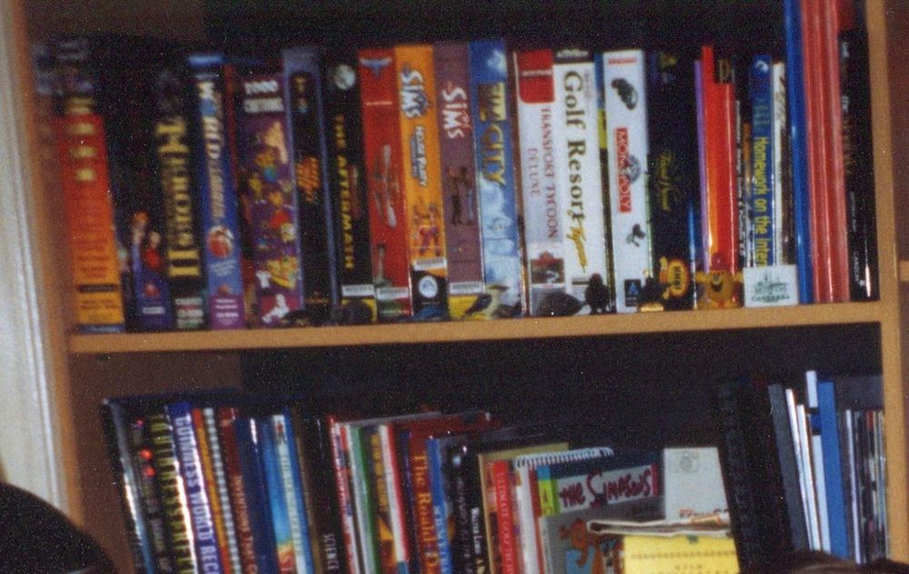 A close up of the big PC game boxes on the top shelf