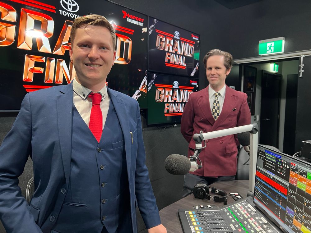 Matty Donald and David M. Green wearing suits at SEN