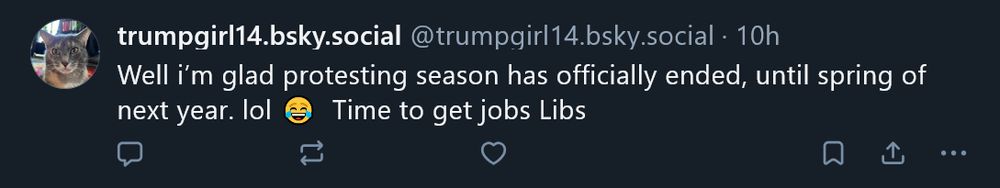 a very awful human has typed "Well i'm glad protesting season has officially ended, until spring of next year. lol laughing face emoji Time to get jobs Libs 

with zero grammar or capitalization or punctuation. The users handle name is trumpgril14.bsky.social