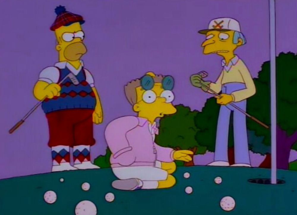 Homer Simpson discovers Smithers was helping Mr. Burns cheat at golf. 