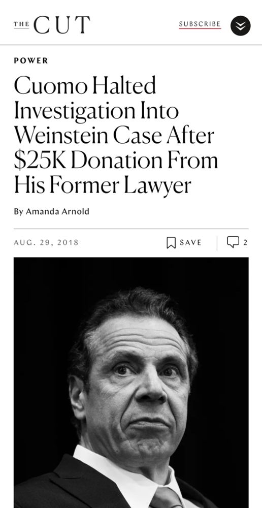 The Cut article from 2018: Cuomo halted investigation into Weinstein case after $25K donation from his former lawyer