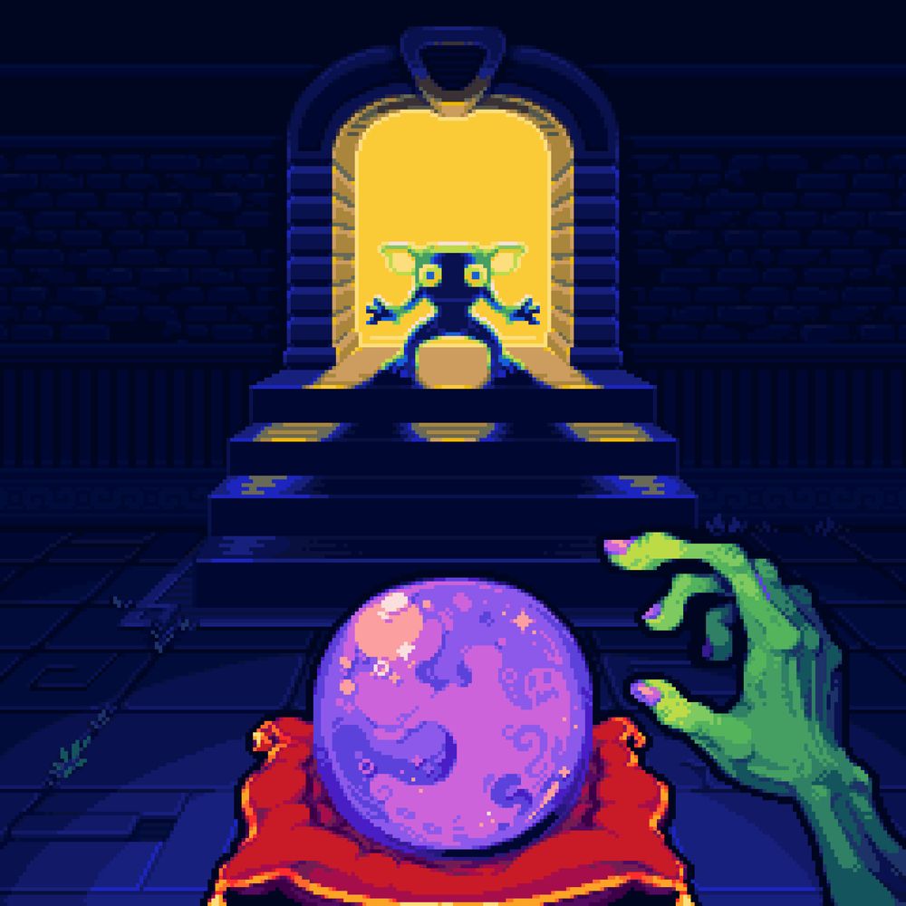 A pixel art illustration showing, from a fist-person perspective, a green hand hovering above a purple shiny orb, setting on a red cushion. The background is a dark dungeon room, where a set of stone stairs lead into a backlit archway, where the silhouetted green goblin stands with their arms to their sides and hands extending slightly forward.