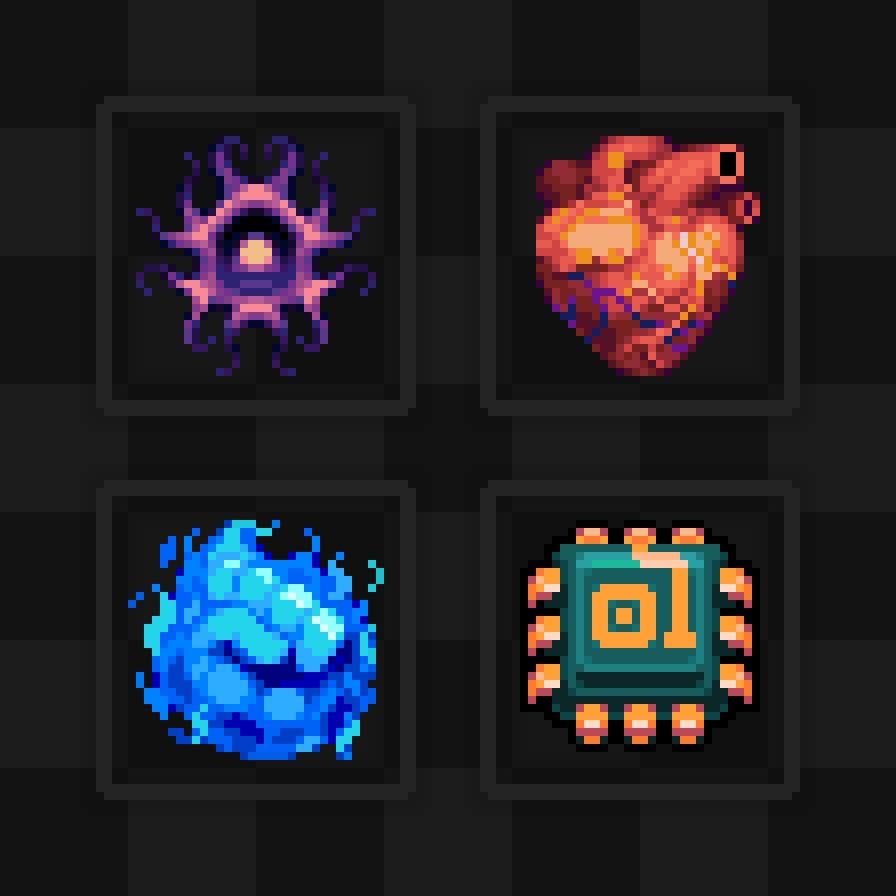 Pixel art illustration of mana tokens for the upcoming game Torment Hexus, representing the elements Engram, Body, Unison and Cyber. The tokens are displayed against a dark gray checkerboard grid.