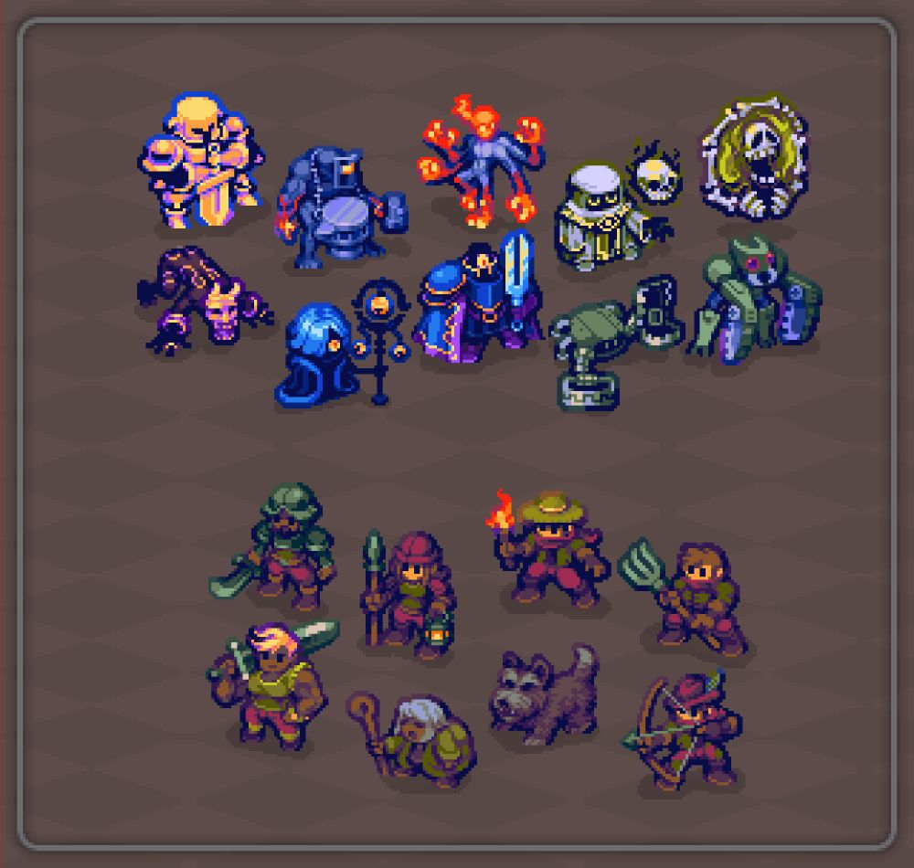 Pixel art sprites for a collection of units for the upcoming game Eldritch Tactics: Apocalypse Rising. On the top half of the screen, 10 monstrous units are displayed representing the eldritch attackers. On the bottom half, 8 human units are displayed, representing the human resistance.