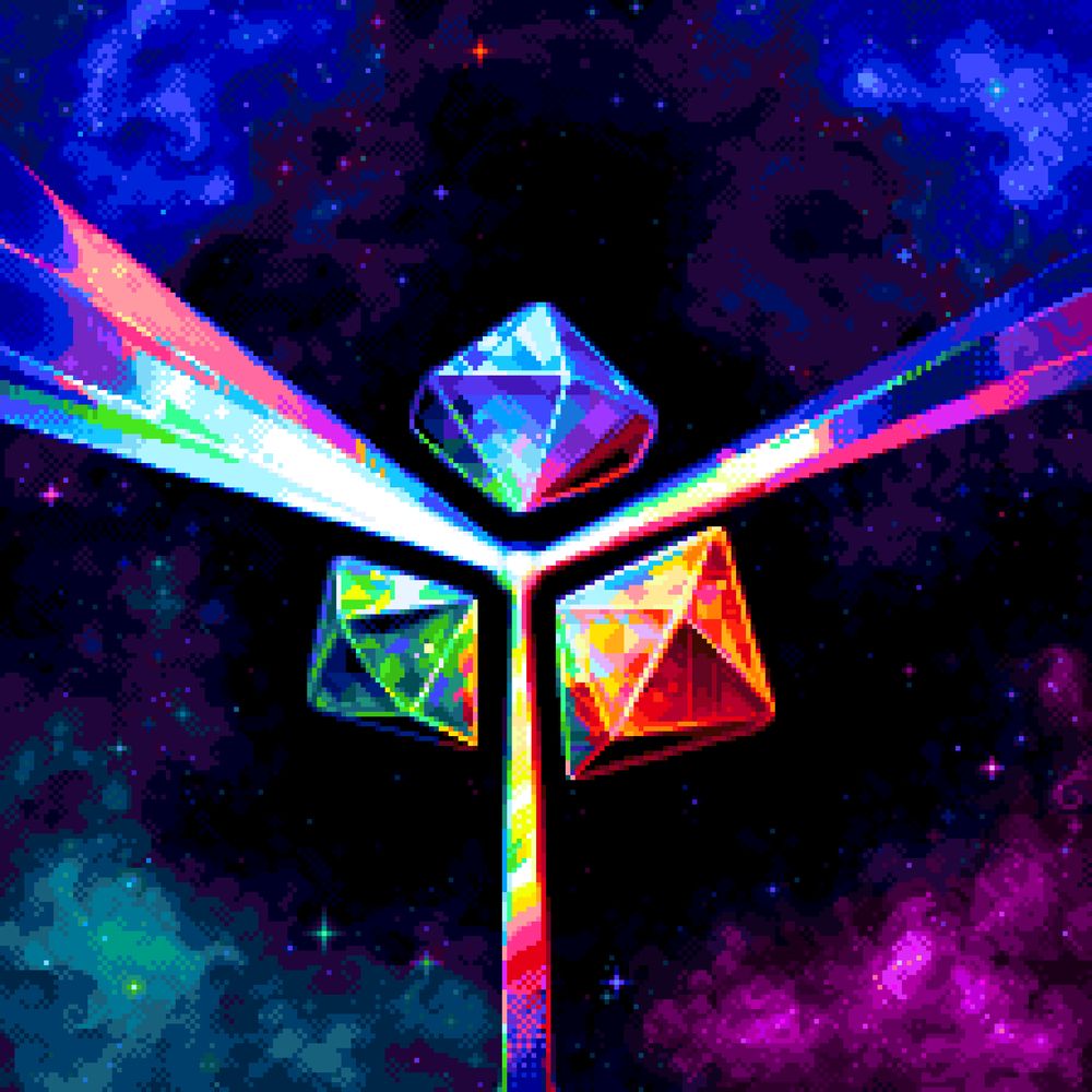 Pixel art illustration for one of the panels of the intro sequence of upcoming game Huedini. The image shows three 12-sided gems, colored blue, green and red. From their center, three multicolored light beams extend outward in different directions. The gems are displayed in front of a starry space background. At the edges of the background, blue, green and red nebulas appear, each matching the color of the nearest gem.