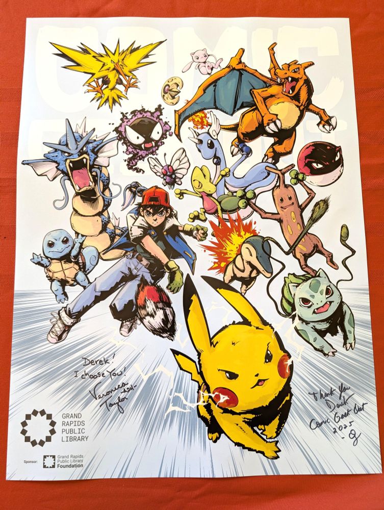 veronica taylor signed a pokemon poster for derek padula at the grand rapids public library comic geek out 2025
