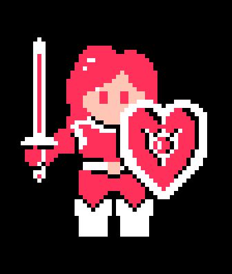 A Paladin from the Nintendo game Ultima III: Exodus. It's a cute and heavily pixelated rendering of a pink-haired character with pink armor and a pink heart-shaped shield (both with white highlights), carrying a sword.