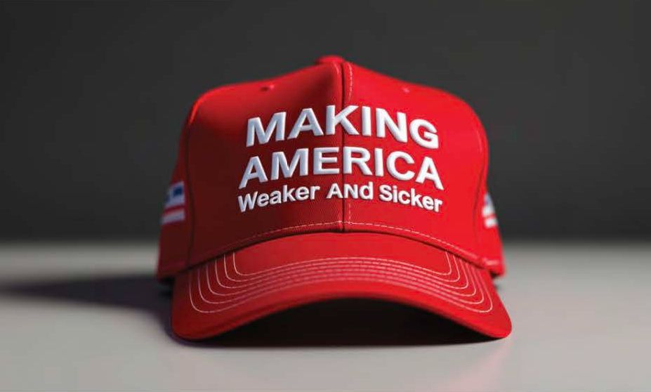 Red MAGA-type hat that says 