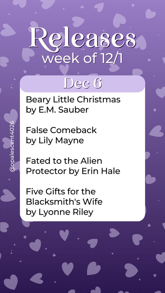 Releases Week of 12/1. Dec 6 Beary Little Christmas by E.M. Sauber, False Comeback by Lily Mayne, Fated to the Alien Protector by Erin Hale, Five Gifts for the Blacksmith's Wife by Lyonne Riley
