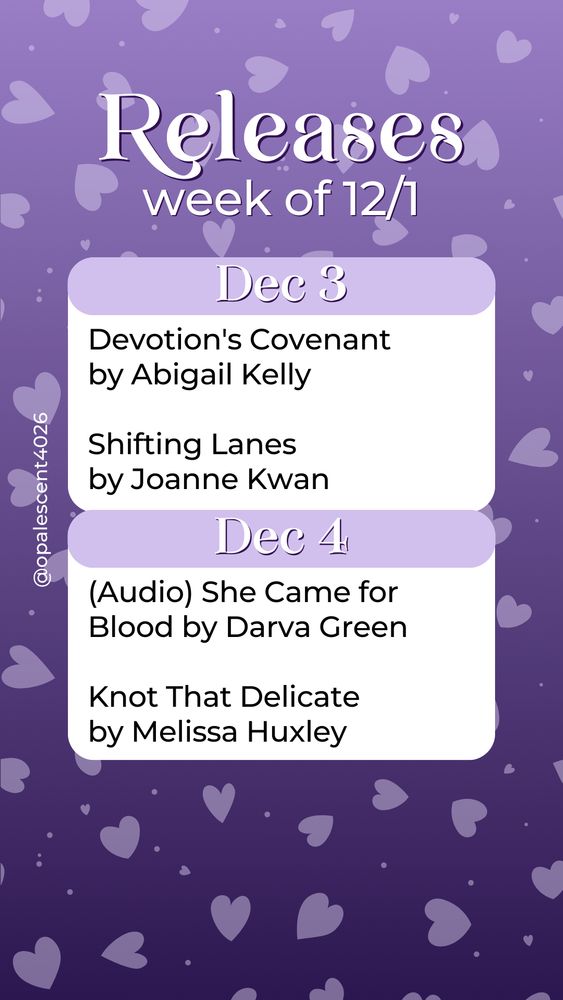 Releases Week of 12/1. Dec 3 Devotion's Covenant by Abigail Kelly, Shifting Lanes by Joanne Kwan; Dec 4 (Audio) She Came for Blood by Darva Green, Knot That Delicate by Melissa Huxley