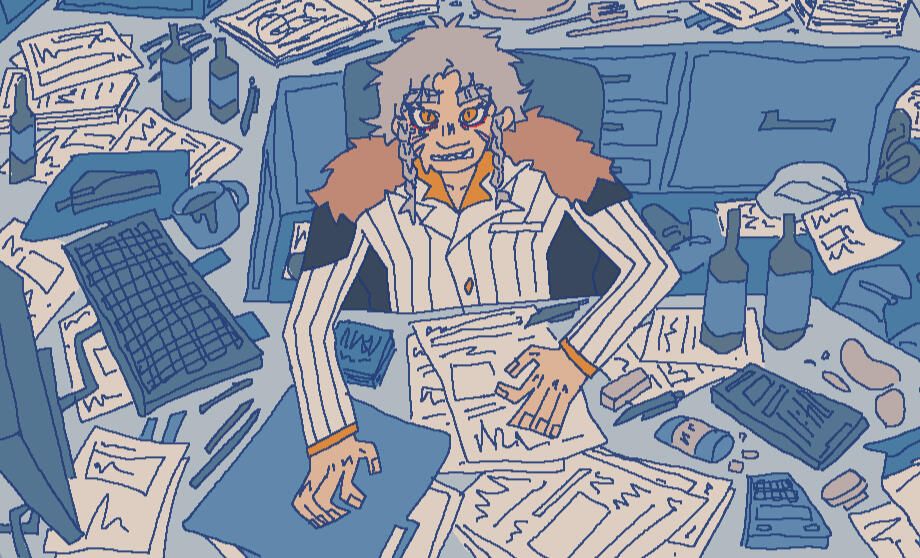 An illustration with one figure in the middle. He is sitting at a large desk that surrounds him with almost the entire space being filled with papers, files, bottles, and trash. He is staring directly at the viewer nervously while sitting in a chair.