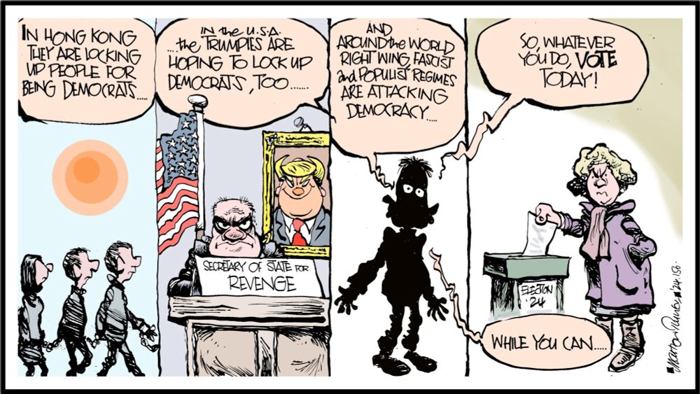 Today's Martyn turner cartoon features where democrats are being jailed Vs our freedom to vote. 